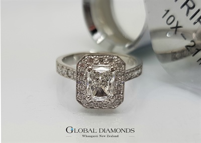 18ct White Gold Radiant Cut Diamond Halo Ring